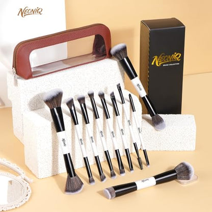 10 PCS Travel Makeup Brush Set With Bag, Makeup Brushes, Double-End Multi-functional Brushes for Foundation Powder Blush Eyeliner Eyeshadows, Professional Face Brush Set（White） - color: 10Pcs-White