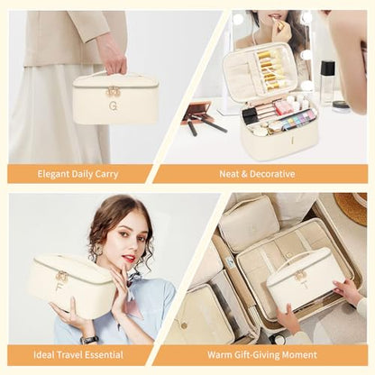 OCHEAL Personalized Makeup Bag, Beige Make up Bag for Women, Monogrammed Travel Toiletry Kit, Gift-Ready Cosmetic Organizer for Christmas Birthday & Stocking Stuffers A - color: Beige, style: A