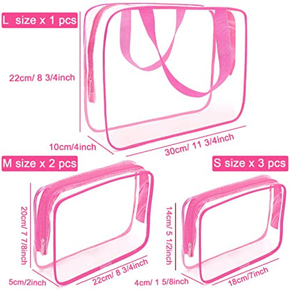 APREUTY Clear Makeup Bags, TSA Approved 6 Pcs Cosmetic Makeup Bags Set Clear PVC with Zipper Handle Portable Travel Luggage Pouch Airport Airline Vacation Organization (Rose Red) - color: Rose Red-6PCS(Large+Medium+Small)