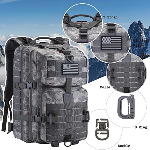 Hannibal Tactical MOLLE Assault Backpack, Tactical Backpack Army Military Camping Rucksack, 3-Day Pack Travel Trip w/USA Flag Patch, D-Rings, ACU Camo - color: Acu Camo