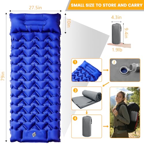 Camping Sleeping Pad 4-Inch Thick with Foot Pump & Pillow, Inflatable Sleeping Mat for Side Sleepers, Stays Firm All Night, Lightweight for Hiking, Backpacking & Tent Camping - color: Royal Blue+gray