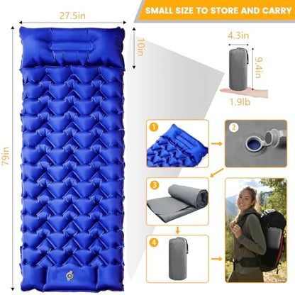 Camping Sleeping Pad 4-Inch Thick with Foot Pump & Pillow, Inflatable Sleeping Mat for Side Sleepers, Stays Firm All Night, Lightweight for Hiking, Backpacking & Tent Camping - color: Royal Blue+gray