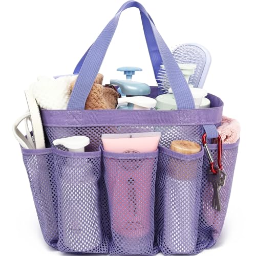 Fammart Mesh Shower Caddy Portable for College Dorm Room Essentials, Odorless Polyester Large Shower Tote Bag with Dual Handles, 8-Pocket Quick-Dry Toiletry Organizer for Travel, Beach, Camping, Gym - color: Multiple Pockets - Purple