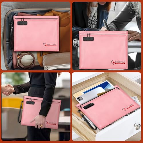 ROLOWAY Fireproof Document Bag (14.5 x 11.5 inch), 6400℉ Fireproof Money Bag with Zipper for Cash, Fire Safe Money Pouch with Lock (Pink) - color: Pink