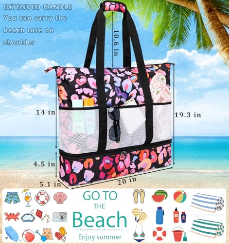 JIANYA Beach Bag Women Waterproof Sandproof Beach Tote Bags with Cooler Top Zipper Large Totes for Pool Travel Daily - color: Pink Leopard-pink
