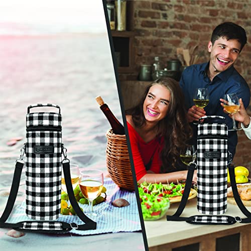 opux Wine Bag Single Bottle Carrier Tote, Insulated Wine Cooler Bag for Travel Picnic Beach with Shoulder Strap, Thermal One Bottle Holder Carrying Case Wine Gift for Women Men, Plaid Buffalo White - color: Buffalo Plaid White