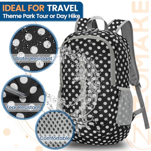 ZOMAKE Ultra Lightweight Packable Backpack 25L - Foldable Hiking Backpacks Water Resistant Small Folding Daypack for Travel(Black,White polka dots) - color: Black,white Polka Dots