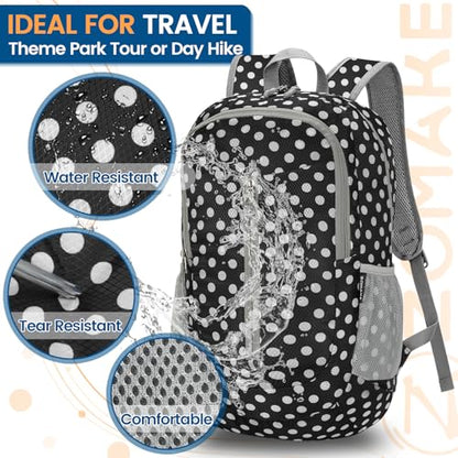 ZOMAKE Ultra Lightweight Packable Backpack 25L - Foldable Hiking Backpacks Water Resistant Small Folding Daypack for Travel(Black,White polka dots) - color: Black,white Polka Dots