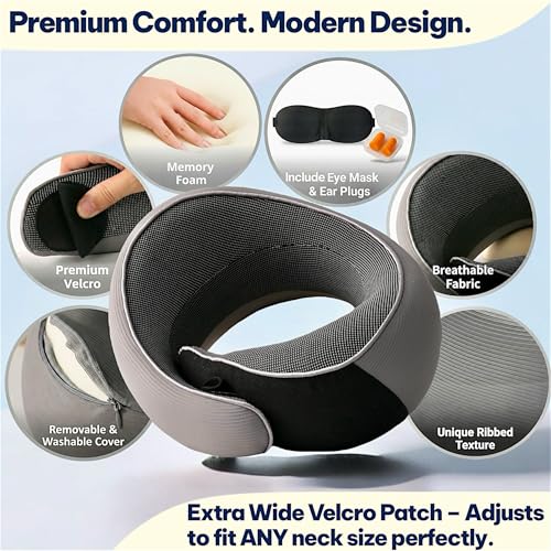 Memory Foam Travel Neck Pillow for Airplane & Neck Pain Relief – 360° Ergonomic Support with Eye Mask & Ear Plugs – Soft Breathable Cover – Ideal for Plane, Car, Office & Home