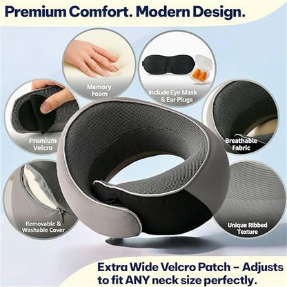 Memory Foam Travel Neck Pillow for Airplane & Neck Pain Relief – 360° Ergonomic Support with Eye Mask & Ear Plugs – Soft Breathable Cover – Ideal for Plane, Car, Office & Home