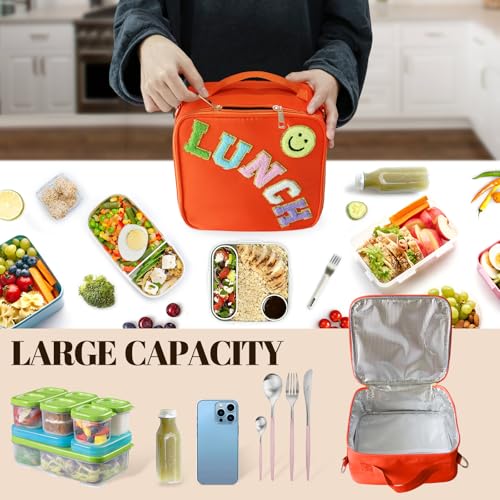 Insulated Lunch Bag With Adjustable Shoulder Strap, Nylon Preppy Lunch Box Large Insulated Lunch Bag Reusable Lunch Tote Bag with Smiley Preppy LunchBag for Girls School Travel Picnic (Orange) - color: Orange