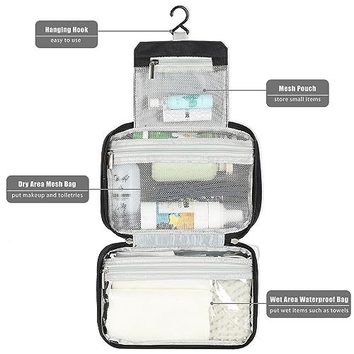 Etercycle Compact Travel Toiletry Bag for Women & Men, Waterproof Hanging Shower Organizer with Hook, Portable Foldable Wash Pouch for Bathroom/Shaving/Camping - Small-Size Space-Saving Design- Black - color: Black