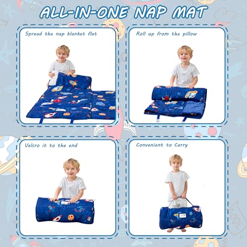 Lasoftan Toddler Nap Mat with Pillow and Blanket, Extra Large Rolled Napping Mats,Slumber Bags for Boys Girls,Kids Sleeping Bag for Daycare, Preschool Travel Camping - color: Universe