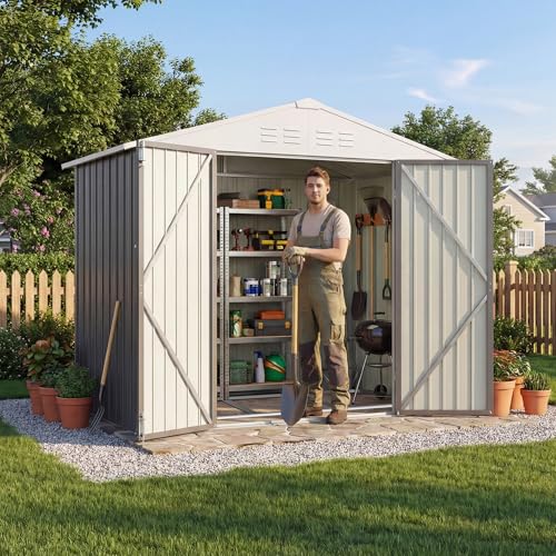 Devoko 6 x 4 FT Storage Sheds with Floor Frame, Waterproof Garden Tool Shed with Lockable Door, Outdoor Metal Utility Shed for Backyard Patio Lawn, Gray - color: Gray, size: 6x4 FT with Floor Frame