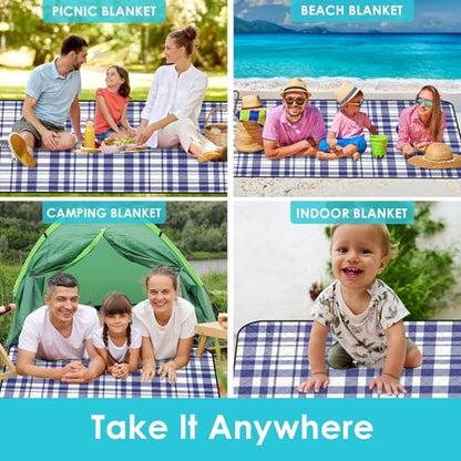 Waterproof Picnic Outdoor Blanket, 79" x 59" Sandproof Foldable Large Picnic Blanket for Beach, Camping, Park, Travel, Concert, Great Gift for Families and Couples (Blue Checkered) - color: Blue and White Checkered