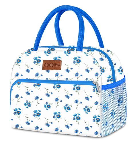 Coobiiya Lunch Bag Women, Lunch Box for Women Adult Men, Small Lunch Bag Leak-proof Cute Lunch Tote Large Capacity Reusable Insulated Cooler for Work/Office/Picnic/Travel-Blue Daisy - color: Blue floral, size: A-regular