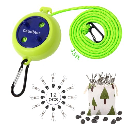 Portable Travel Clothesline Cord, Caudblor Adjustable 33ft Camping Clothes line, Laundry Drying Rope for Hotel Trip, Cruise, Outdoor/Indoor, with 12Pcs Stoppers, Windproof Clothespins - style: Light Green