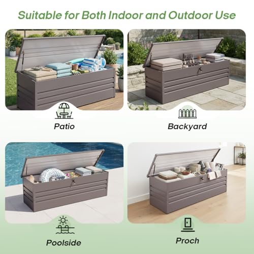 260 Gallon Metal Outdoor Deck Box, Waterproof Extra Large Patio Storage Box with Lockable Lid for Cushions, Pool Accessories, Garden Tools (Light Gray)