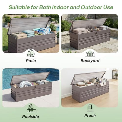 260 Gallon Metal Outdoor Deck Box, Waterproof Extra Large Patio Storage Box with Lockable Lid for Cushions, Pool Accessories, Garden Tools (Light Gray)