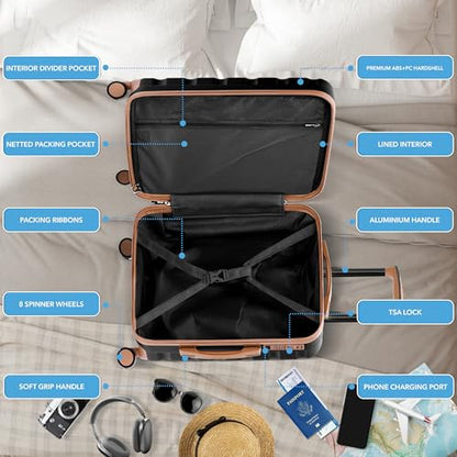 Flight Knight 22x18x10 Expandable Carry On Suitcase Hardside TSA Lock & USB C Port Lightweight Luggage Silent Double Spinner Wheels Maximum Spirit Overhead Carry-On Bag Airlines Approved Black - color: Black/Tan, size: 22x18x10"