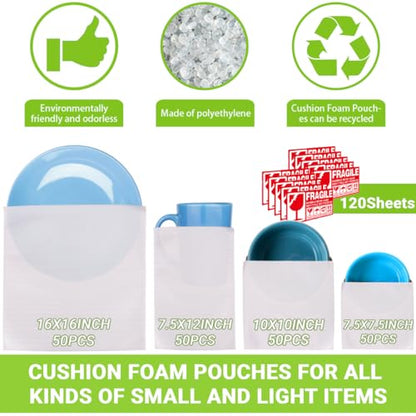 Moving supplies,200Pack Cushion Foam Pouches, Packing Supplies for Moving, Packing, Transportation and Storage, Incidental 120Fragile Stickers (16X16, 12X7.5, 10X10, 7.5X7.5) - color: 16X16, 12X7.5, 10X10, 7.5X7.5