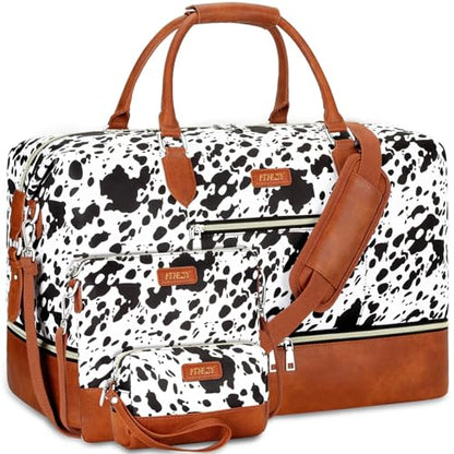 ITIEZY Weekender Overnight Bag for Women - Large Travel Duffel Bag with Shoe Compartment, Gym Duffel Bag Hospital Bag Carry On Tote Bags for Airplanes with Crossbody Bag Toiletry Bag 3Pcs Set - color: 5-Black Cow