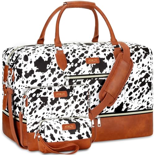 ITIEZY Weekender Overnight Bag for Women - Large Travel Duffel Bag with Shoe Compartment, Gym Duffel Bag Hospital Bag Carry On Tote Bags for Airplanes with Crossbody Bag Toiletry Bag 3Pcs Set - color: 5-Black Cow