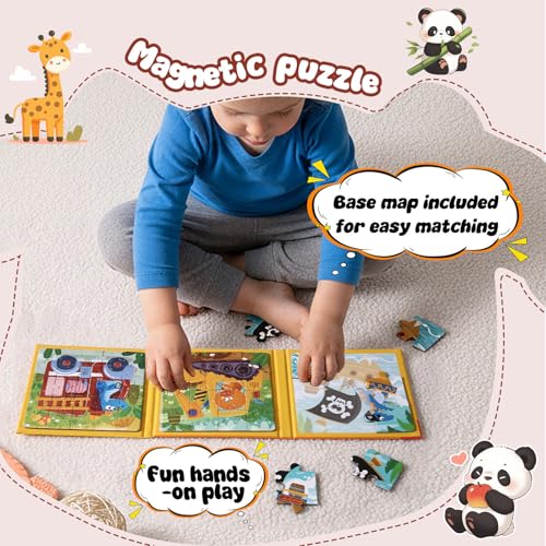 Magnetic Puzzles for Toddlers 3-5 Years, 3 in 1 Vehicle & Adventure Toys with 9/16/25 PCS, Travel Activity for Boys and Girls, Preschool Puzzle Game with Pirate Ship, Digger, Fire Truck - color: Yellow