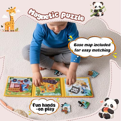 Magnetic Puzzles for Toddlers 3-5 Years, 3 in 1 Vehicle & Adventure Toys with 9/16/25 PCS, Travel Activity for Boys and Girls, Preschool Puzzle Game with Pirate Ship, Digger, Fire Truck - color: Yellow