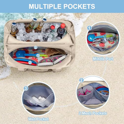 Yarwo Beach Bag for Women, Sandproof Swim Tote Bag with Cooler Compartment and Wet & Dry Pockets for Pool Cruise Vacation - color: Light Camel