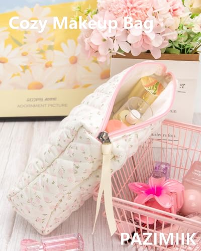 Quilted Makeup Bag Large Travel Zipper Soft Cosmetic Pouch for Women Girls Make Up,Little Flower Pink - color: Little Flower Pink, size: 1 PCS Pouch
