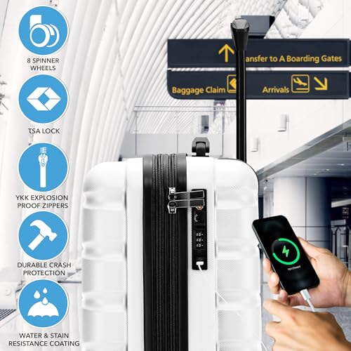 Flight Knight 21.5x15.5x9 Expandable Carry On Suitcase Hardside TSA Lock & USB C Port Lightweight Luggage Silent Double Spinner Wheels Maximum Canada Air Overhead Bag Airlines Approved White - color: White, size: 21.5x15.5x9"