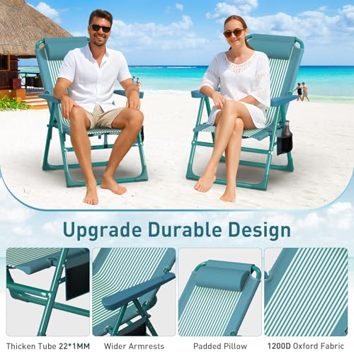 Suteck Tall Beach Chair 2 Pack, Backpack Beach Chair for Adults with 6-Position, Cooler Bag, Cup Holders, Folding Beach Camping Chairs for Camping, Outdoor, Sand, Travel Use - color: Green Small Striped