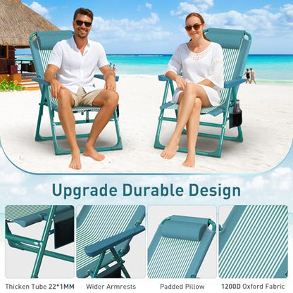Suteck Tall Beach Chair 2 Pack, Backpack Beach Chair for Adults with 6-Position, Cooler Bag, Cup Holders, Folding Beach Camping Chairs for Camping, Outdoor, Sand, Travel Use - color: Green Small Striped