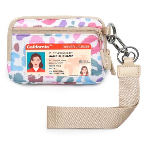 YDF Small Nylon Wristlet Wallet for Women, Minimalist Zip Keychain Coin Purse Card Holder with Clear ID Window, Water Resistant - color: Multicolor Leopard