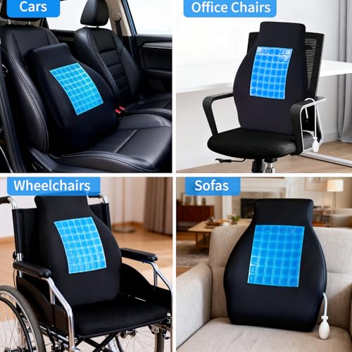 Adjustable Airbag Lumbar Support Pillow with Cooling Gel - Customizable Support for Upper Lower Back Pain Relief, Improves Posture, Memory Foam Back Cushion for Office Chair, Car/Truck Seat, Couch
