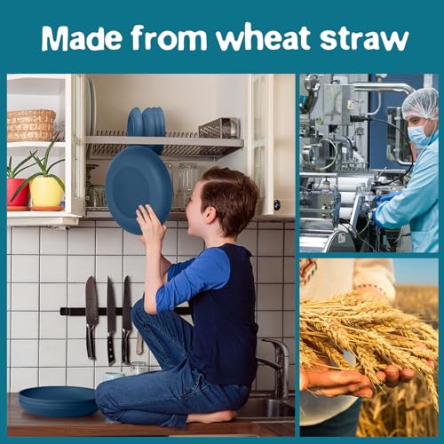 Teivio 32-Piece Kitchen Plastic Wheat Straw Dinnerware Set, Service for 8, Dinner Plates, Dessert Plate, Cereal Bowls, Cups, Unbreakable Colorful Plastic Outdoor Camping Dishes, Autumn Blue - color: Autumn Blue