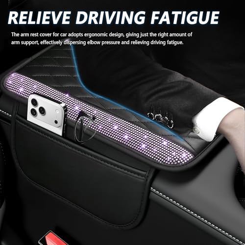Stacool Upgraded Car Center Console Cover with Rhinestones,Microfiber Leather Car Armrest Cover Cushion with 2 Storage Bags,Universal Cars Armrest Storage Box as Cars Interior Accessories - color: Upgraded Diamond - Bling Purple