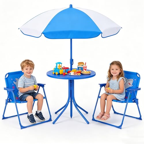 HONEY JOY Kids Picnic Table, Animal Themed Toddler Outdoor Table and Chair Set, 2 Folding Chairs & Removable Umbrella, Children Outdoor Furniture for Backyard Patio Garden (Blue Shark) - color: Blue Shark