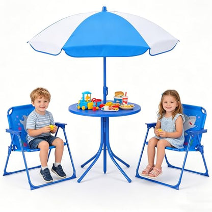 HONEY JOY Kids Picnic Table, Animal Themed Toddler Outdoor Table and Chair Set, 2 Folding Chairs & Removable Umbrella, Children Outdoor Furniture for Backyard Patio Garden (Blue Shark) - color: Blue Shark