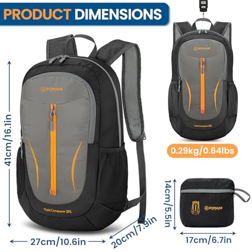 ZOMAKE Ultra Lightweight Packable Backpack 25L - Foldable Hiking Backpacks Water Resistant Small Folding Daypack for Travel(Black, Medium Gray) - color: Black, Medium Gray