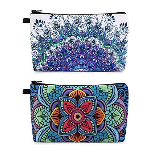 MAGEFY Makeup Bag, 2 Styles Travel Cosmetic Bag for Women Cosmetic pouch Elegant Blue Patterns Zipper Pouch Waterproof Makeup Pouch Cute (2 Packs, Peacock feather + Mandala pattern 0179) - color: 2 packs