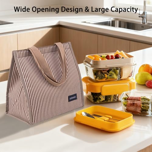 Insulated Lunch Bag for Work, 10.2"x5.9"x10.2" Oxford Waterproof Striped Canvas Tote Bag - color: Pink White