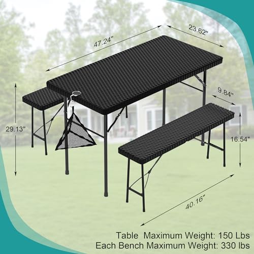 VECELO 3 Piece Folding Picnic Table with 2 Benches, 47.2" Faux Rattan Patio Set with Mesh Bag, Heat-Resistant & Waterproof, for Indoor Outdoor Use, Black