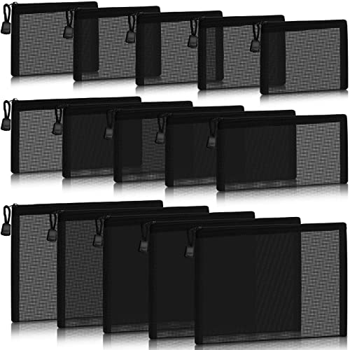 Outus 15 Pieces Mesh Bags Pouch Mesh Zipper Pouch Makeup Bags Cosmetic Travel Organizer Zipper Pencil Case for Organizing Office travel Storage(9.84x7.09, 7.87x3.94, 5x3.94 Inches,Black) - color: Black, size: 9.84 x 7.09 Inches