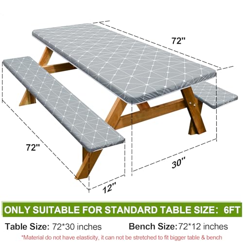 Picnic Table Cover with Bench Covers 6FT 3 Pcs Waterproof Windproof Aesthetic Camping Tablecloth with Drawstring Bag, Fitted for 6 Foot Rectangle Tables and Seats, 72 inch, Grey - color: Grey