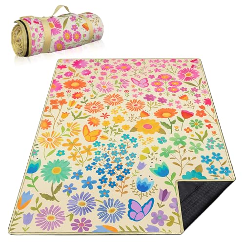 Floral Picnic Blankets Waterproof Foldable, 60″X80″ Packable Picnic Mat Flowers Outdoor Blanket for Grass, Large Beach Blanket Sandproof Picnic Accessories for Camping Music Festival Park Lawn Travel - color: B02, size: 5' X 6'8" (Rectangular)