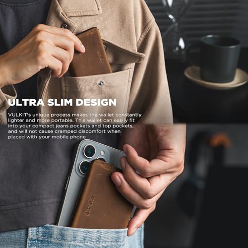 VULKIT Slim Minimalist Card Holder RFID Blocking Leather Credit Card Holder Front Pocket Wallet Magnetic Closure, Handcrafted Cowhide Version - color: Handicrafts Cowhide- Espresso