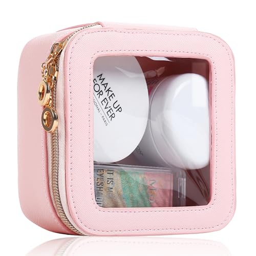 Small Clear Makeup Bag for Purse, Cute Mini Clear Cosmetic Bag Case Organizer, TSA Approved Square Small Makeup Case Pouch with Zipper, Car Travel Purse Essentials for Women (Pink, S) - color: Pink, size: Mini