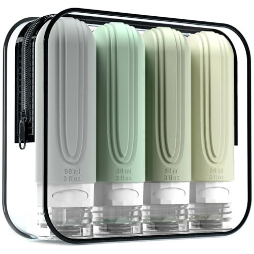 Mrsdry Travel Bottles for Toiletries, Tsa Approved 3oz Travel Size Containers BPA Free Leak Proof Refillable Liquid Silicone Squeezable Travel Accessories for Shampoo Conditioner Lotion (4 Pack)… - color: Mint-Grey